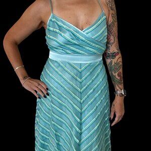 Betsey Johnson Aqua and Green Ombre Ribbon Chevron A-Line Dress, Y2K, Size 8